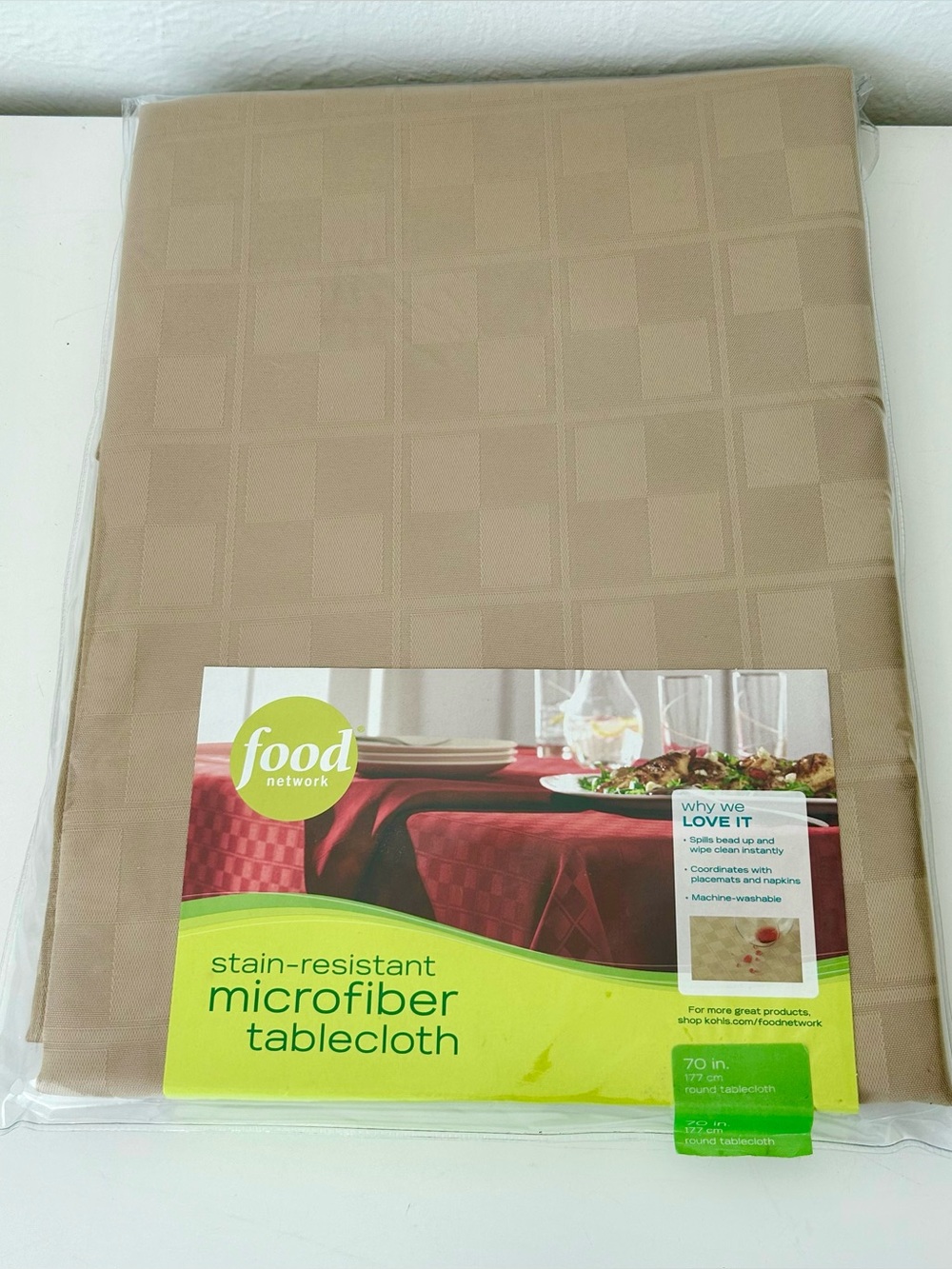 NEW- Beige Food Network Microfiber Floral Tablecloth 70” Round, square pattern